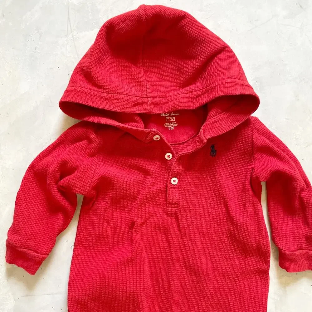 Ralph Lauren Preppy Baby Academia Red Waffle Knit‎ Hooded Henley Romper 9M
